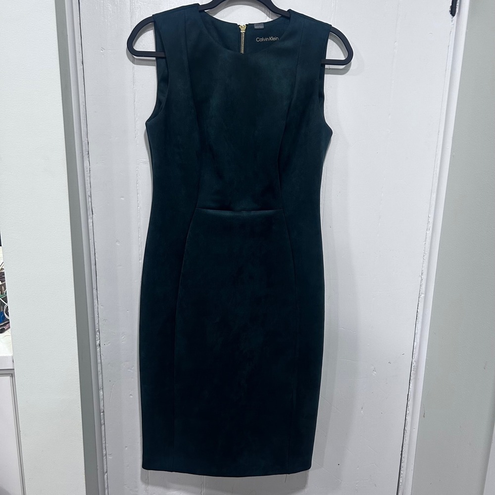 Calvin Klein Womens Faux Suede Sheath Dress Forest Green Gold Zip CD1J1A00 Sz 6